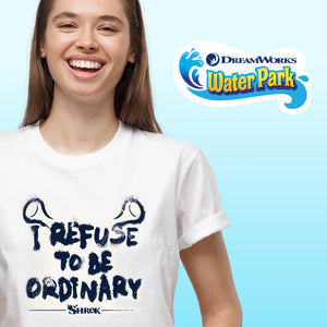 girl wearing "I refuse to be ordinary" shrek t-shirt