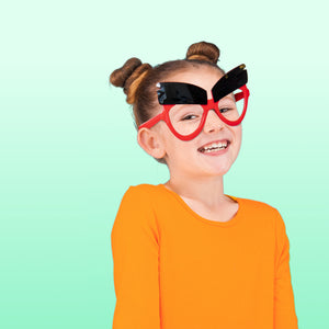 Girl in red angry birds glasses