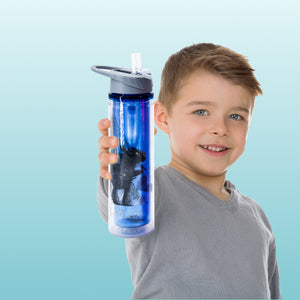 boy holding blue how to train your dragon water bottle