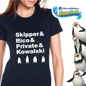 madagascar t-shirt that says skipper & rico & private & kowalski with penguins 