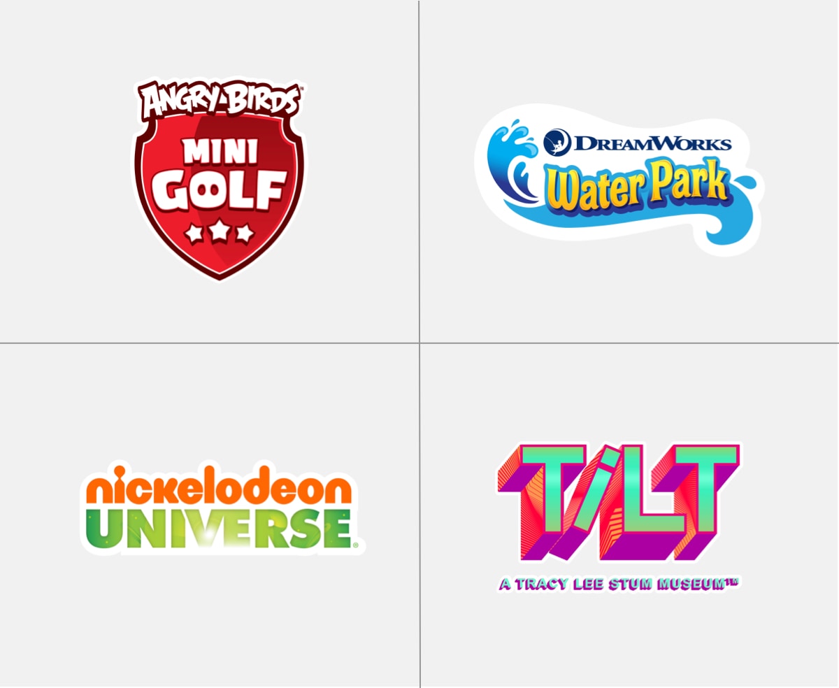 Angry birds, dreamworks water park, nickelodeon universe, Tilt a tracy lee stum museum logos